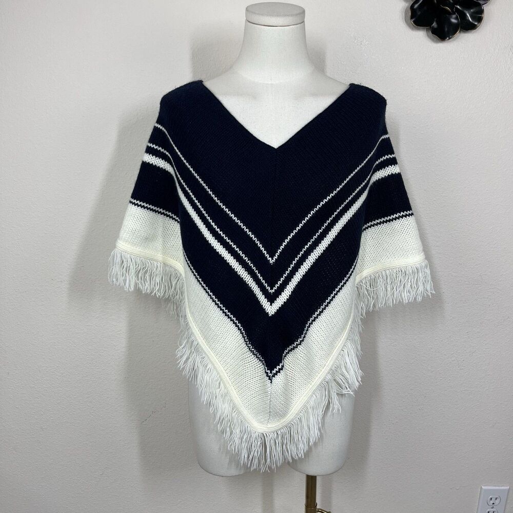 Vintage The Great American Sweater Poncho Womens L Blue Stripe Fringe Knit 90s